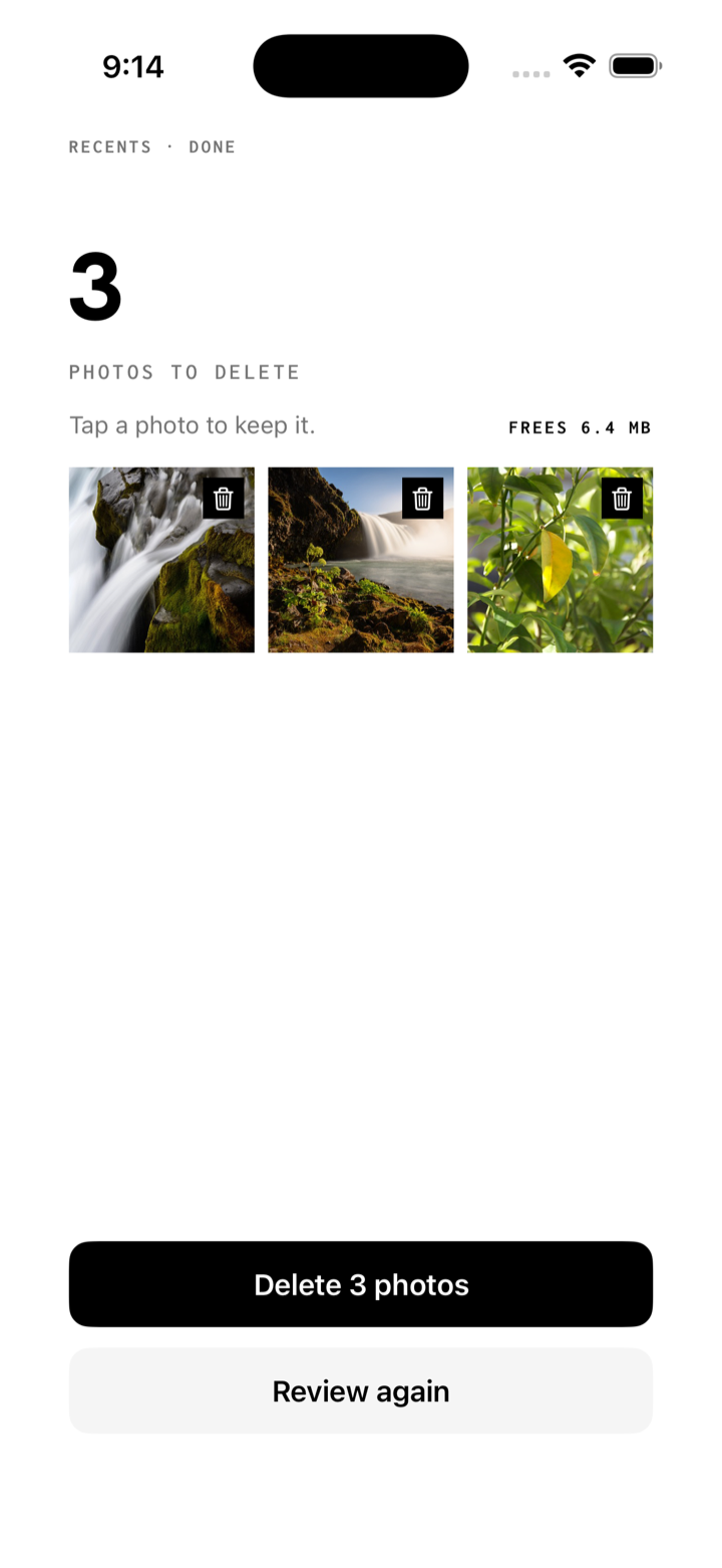 Confirm screen: 3 photos to delete, freeing 6.4 MB, with a Delete 3 photos button and a Review again button.
