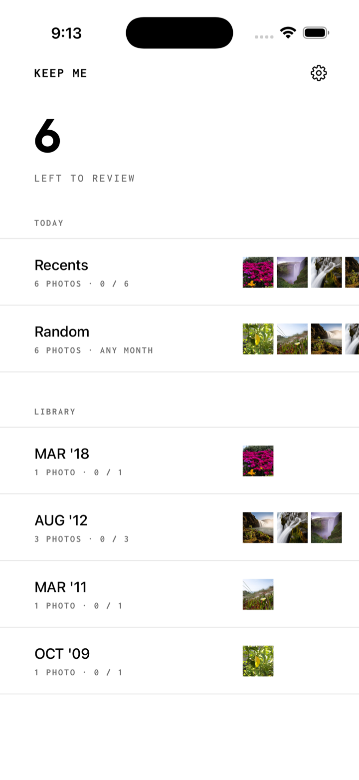 Home screen: 6 photos left to review, Recents and Random rows under Today, and the library listed by month with thumbnails.