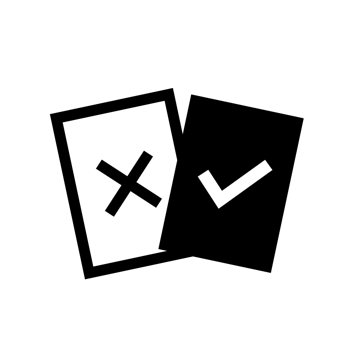 Keep Me app icon: two photos tilted apart, an outlined one marked with a cross and a solid black one marked with a tick.